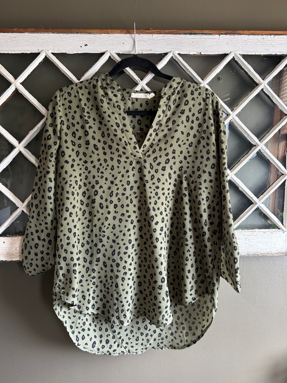 Sage Green Leopard Print V-Neck Women's Blouse